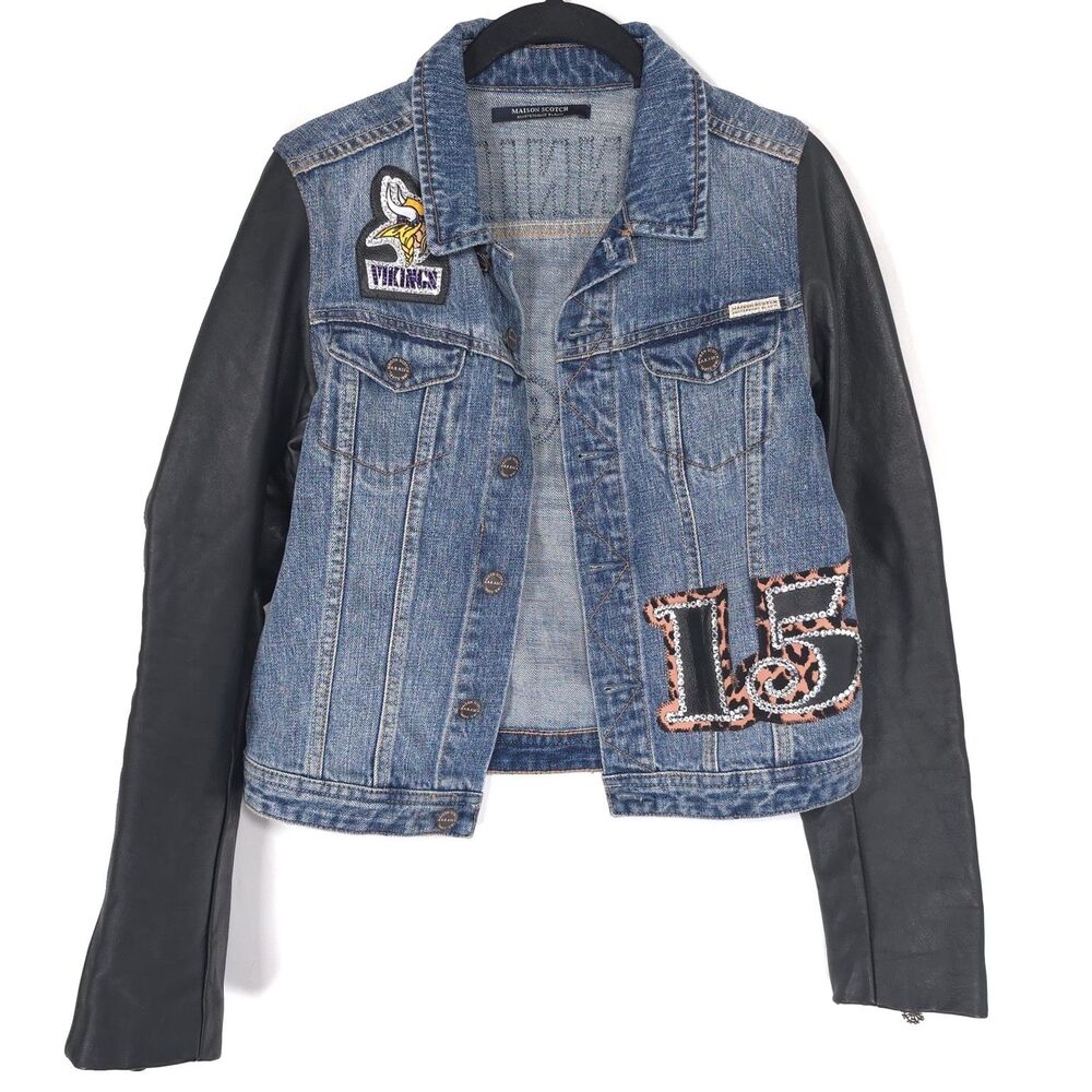 MAISON SCOTCH Women's Denim Jacket 2 Leather Sleeve Rhinestone Leopard Print